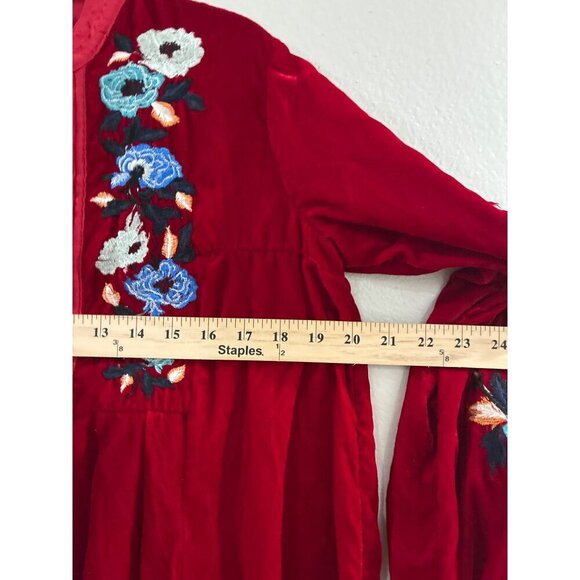 Free People red velvet Womens dress size xs boxy embroidered flowers - Picture 6 of 8